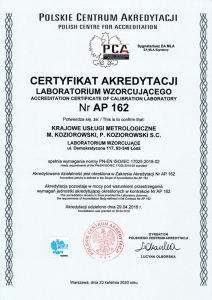 Certyfikat akredytacji PCA AP 162 - Laboratorium Wzorcujące Krajowe Usługi Metrologiczne M. Koziorowski, P. Koziorowski s.c.